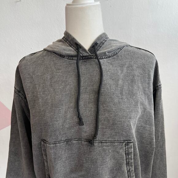 Black Acid Wash Cropped Hoodie Y2K‎ Grunge Streetwear Pullover Small - Picture 2 of 7